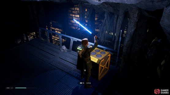 then follow the cave around to the right to find a golden Chest that holds a Stim Canister.