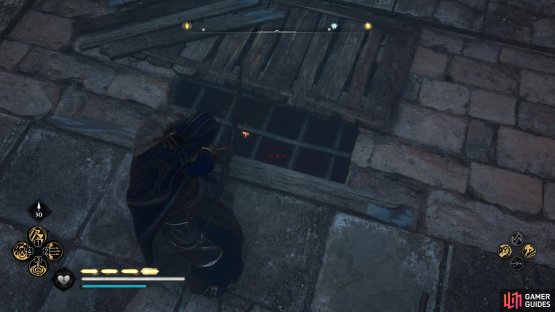 Shoot the fire pots from the hole above the ruins to destroy the barricade at the entrance.