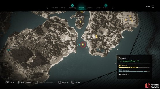 The location of the Ymir’s Tear Stone beneath the water southwest of the Well of Urdr.