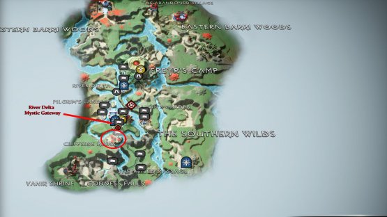 The Cliffside Ruins Dock is directly south of the River Delta Mystic Gateway.
