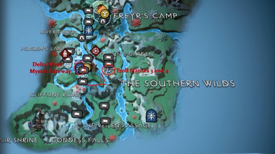 Troll Statue 3 can be found in Noatuun’s Garden. Teleport to the Delta River Gateway in Vanaheim, and follow the river east, and then north.