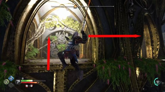 this will open the gate to your left, allowing you to grapple over to the platform. The chest will be to the right.
