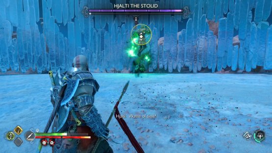 Similar to the Boomerang attack. Hjalti will leap back to the edge of the arena and when a yellow-ring appears, she’ll lunge, and strike at you.