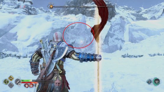 Southwest of Tyr’s Temple is a block of Ice with a shining gold light coming out of it. Throw your spear at the ice, and detonate it to destroy the block of ice.