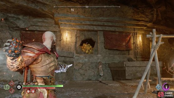 To the right of the Nornir Chest you’ll find a hole in the wall - destroy the obstruction with a fire bomb,