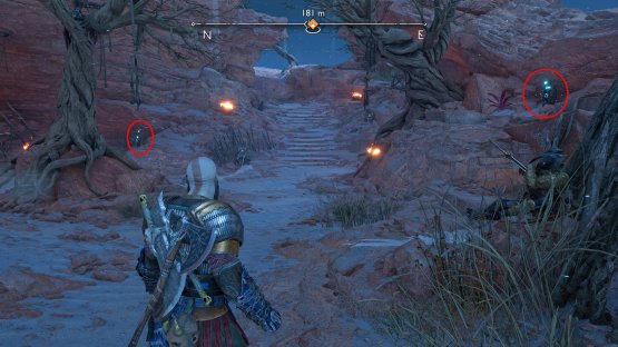 Head to the large gap near the end of the area, turn behind to find two runes next to each tree. This will require the spear to explode all three runes simultaneously.