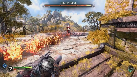 The Draugr will raise its axes before slamming them into the ground creating a stream of fire at you.