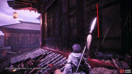 Go through the hole in the wall opposite the Marking Flag and follow the roof around until you reach another hole in the wall.