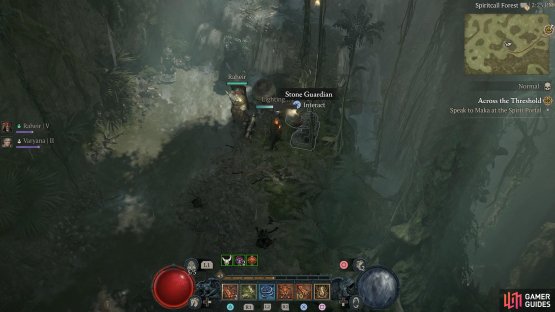Follow the stream north to find a waterfall and the Tenet. Interact with the right statue to unlock it.