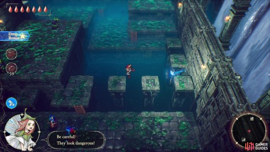 then do some platforming to reach some previously submerged stairs you can now descend.