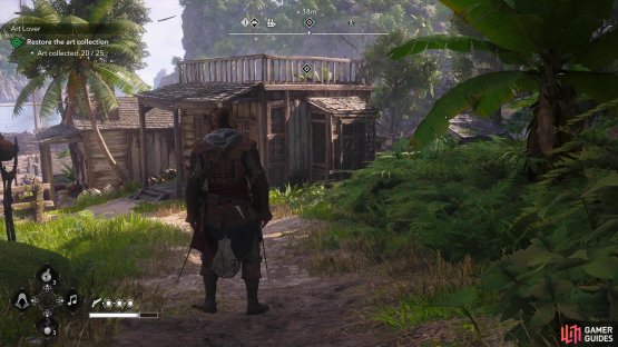 Look for a house near the tree line south of the docks,