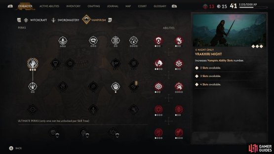 The Swordmastery tree does a lot of the heavy lifting, allowing you to focus your resources in the Vampirism tree on abilities - naturally after you unlock the slots for them.
