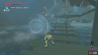 Otherwise, carefully ascend the stairs and use a Korok Leaf or bombs to knock the Bokoblin into the water.