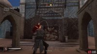 Toss the explosive pot at the weak wall to get inside.
