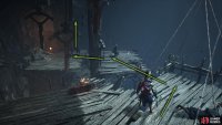 Run and jump onto the hanging platform, wait for it to swing nearer to the next platform, and jump across. Finally, jump onto the next platform, and climb the ladder.