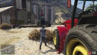 the use the red tractor to chase down Joe.