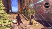 Solve the puzzle by directing the southern laser at the northern one, and then directing that at the device on the wall to create a bridge.