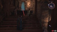 Follow the path through the doorway.