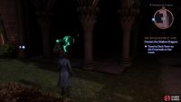 follow where it points to find a ghostly wolf under a balcony,