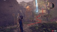 Jump across the floating platforms and over the bridge into the tower.