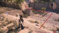 From the entrance, follow the stairs down around the ruins wall.